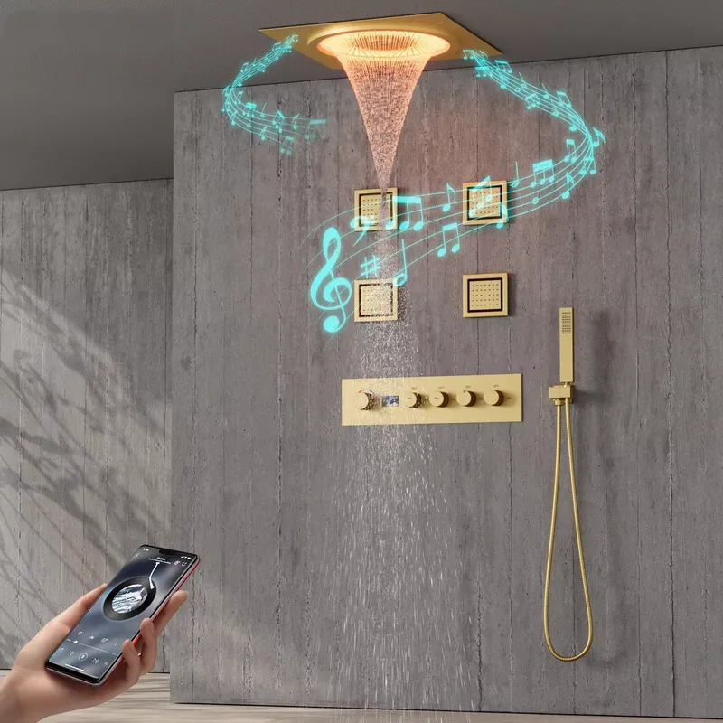 Home And Bathroom - ชุดฝักบัว LED อัจฉริยะ พร้อมระบบเสียงเพลงในห้องน้ำ ฝักบัวแบบฝังผนัง สีดำด้าน