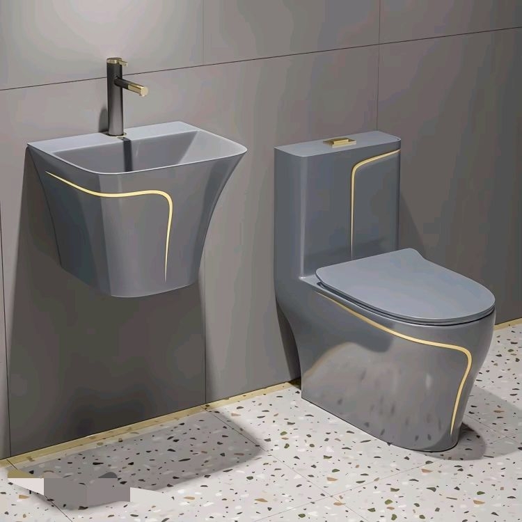 Home One Bathroom Accessories - ชุดสุขภัณฑ์เซรามิกแบบชิ้นเดียวระบบชำระล้างคู่แบบไซฟอน ติดตั้งบนพื้น สีดำ พร้อมอุปกรณ์เสริมห้องน้ำหลากสีสำหรับบ้าน ระบบ P-Trap