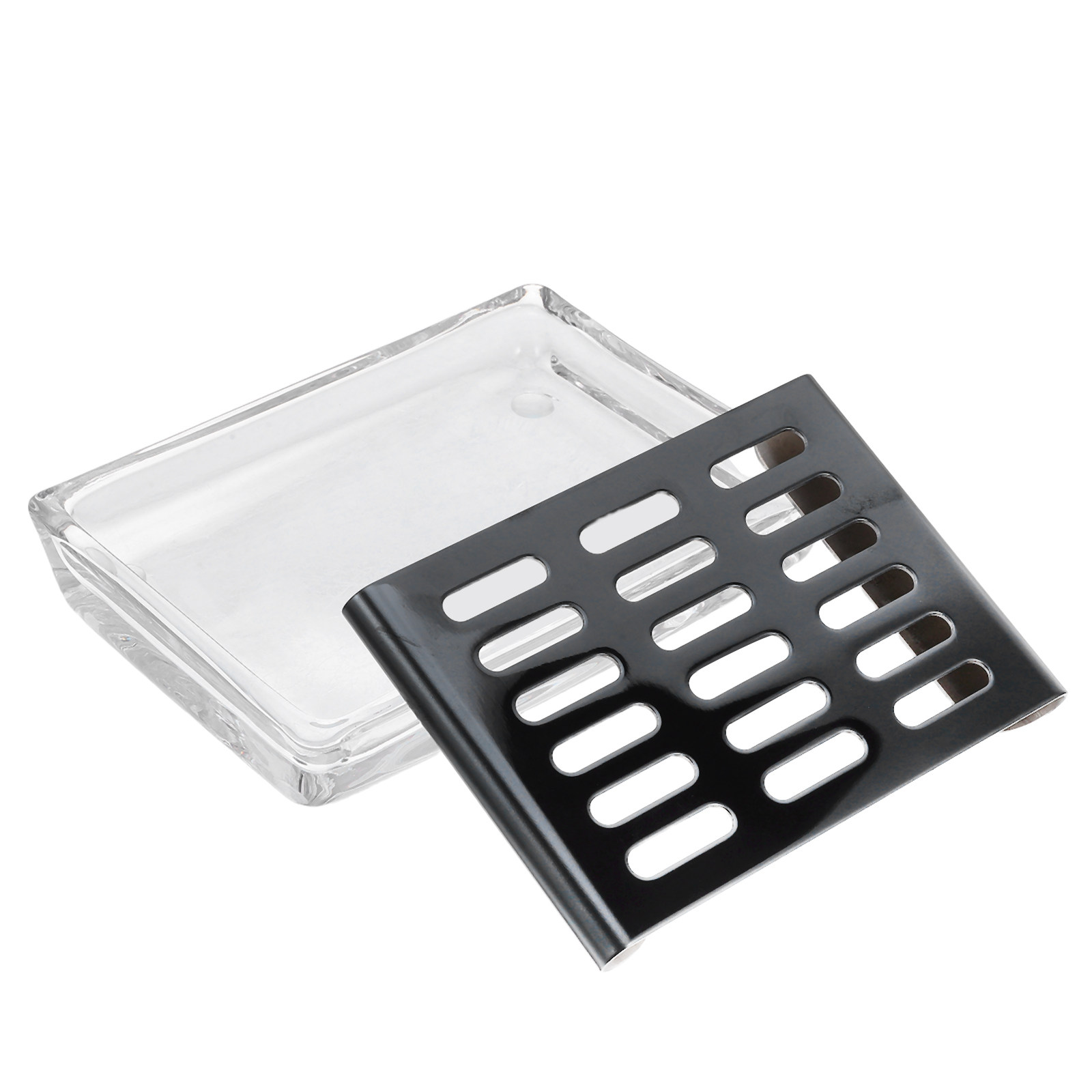 Glass Soap Dish - ที่วางสบู่แก้วทรงสี่เหลี่ยมพร้อมระบบระบายน้ำในตัว ดีไซน์ฐานเปิดสำหรับวางบนเคาน์เตอร์ห้องน้ำ พื้นที่อาบน้ำ และห้องครัว