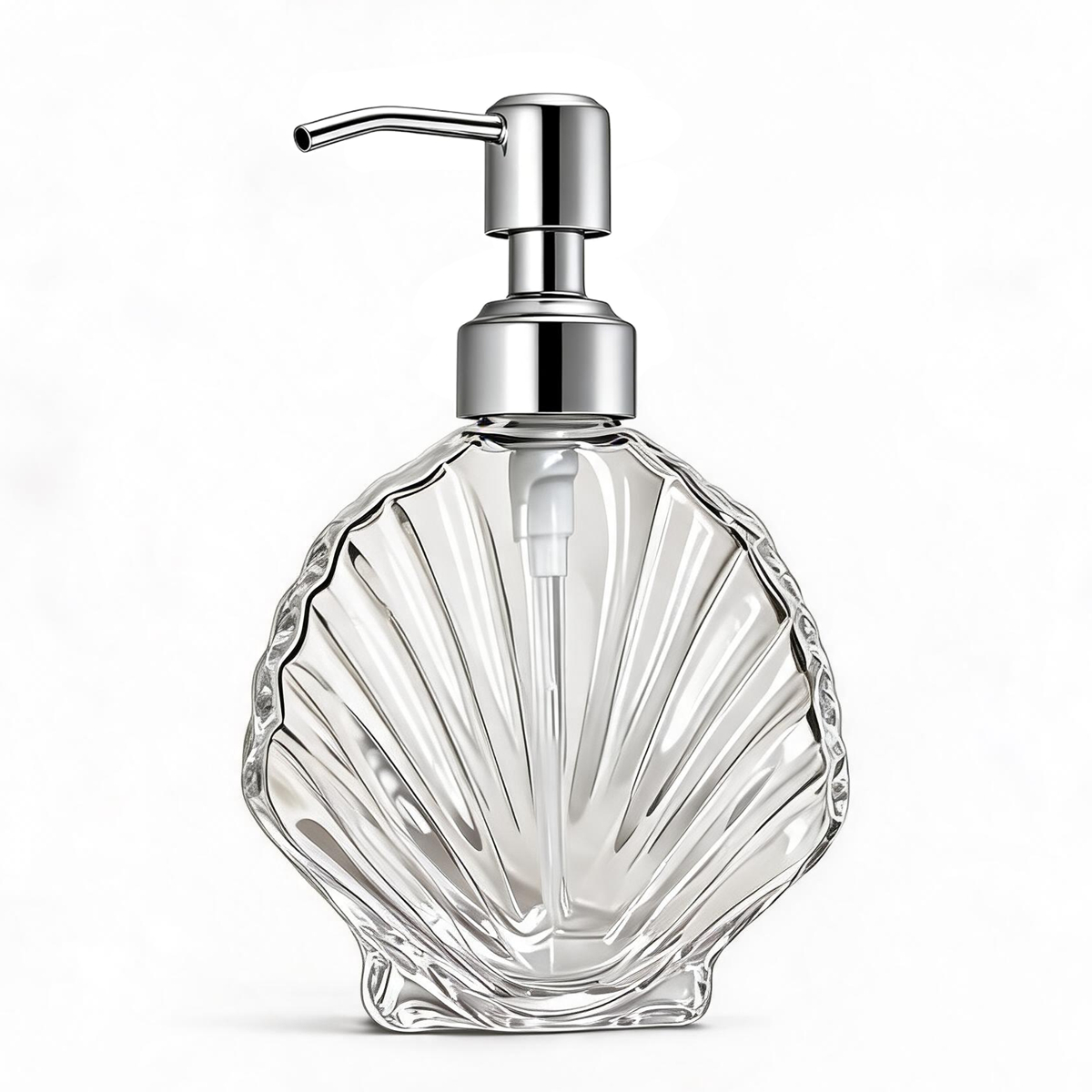 Glass Soap Dish - เครื่องจ่ายสบู่แก้วเปลือกหอยตกแต่งพร้อมปั๊มสแตนเลส, ขวดสบู่เหลวแบบรีฟิลสำหรับห้องครัวห้องน้ำ, 300 มล.