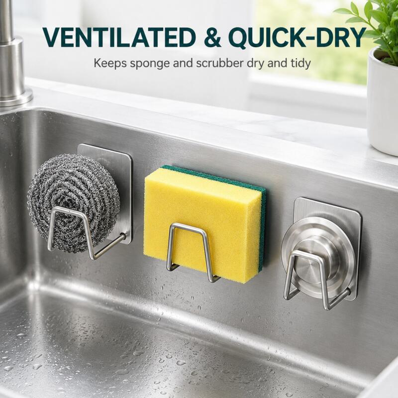 Home Bathroom Products - ที่วางฟองน้ำสแตนเลสแบบติดผนัง, ที่เก็บของในอ่างล้างจานแบบไม่ต้องเจาะ สำหรับฟองน้ำขัด, ผ้าเช็ด, ฝาปิด, ใช้ได้ในครัวและห้องน้ำ
