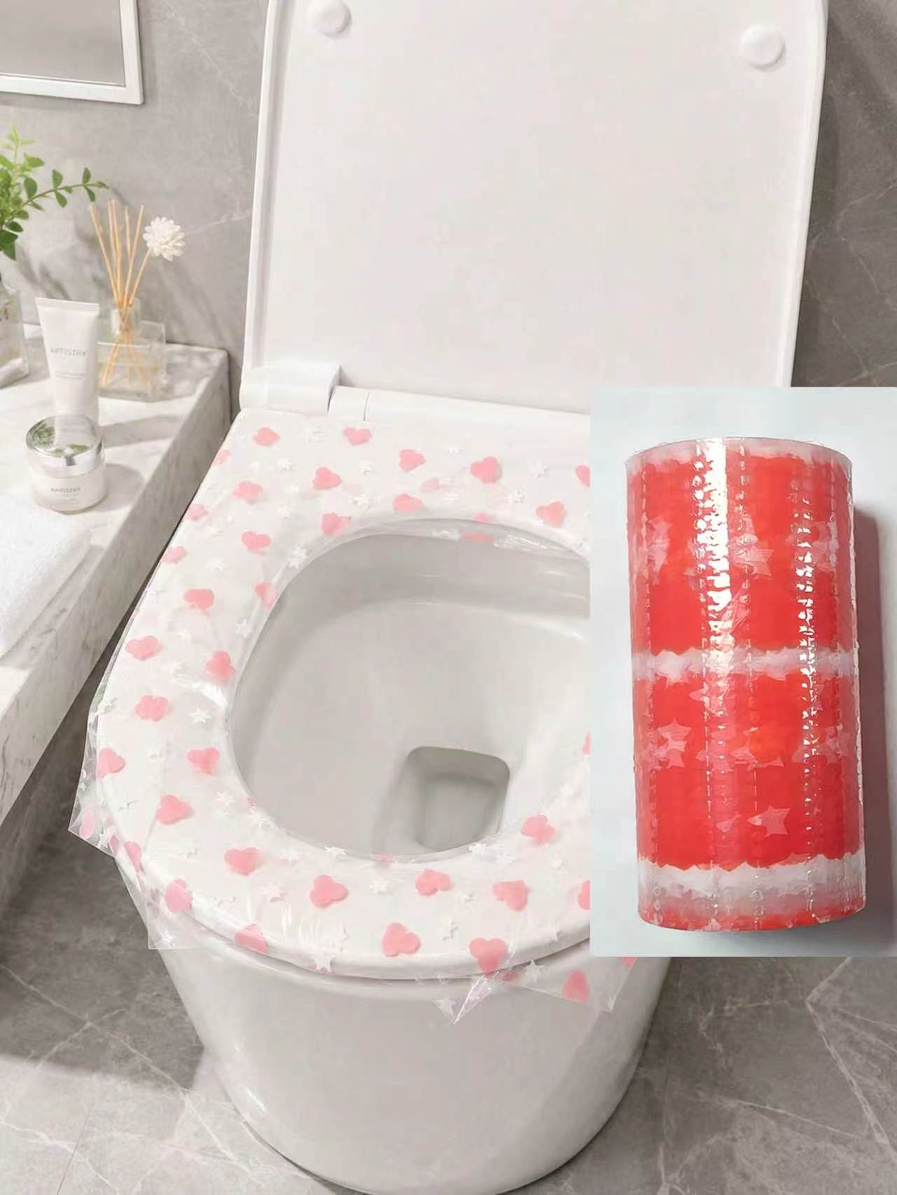 Home Bathroom Equipment - แผ่นรองนั่งชักโครกแบบใช้แล้วทิ้ง 133 ชิ้น/ม้วน, ฟิล์มป้องกันชักโครกกันน้ำ, ลายหัวใจ -