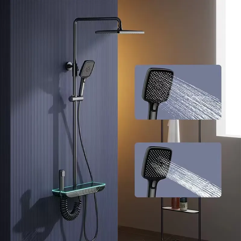 Home And Bathroom - ชุดฝักบัวดิจิตอลอัจฉริยะแบบเทอร์โมสตัท วัสดุทองเหลือง ดีไซน์ปุ่มเปียโน ก๊อกน้ำห้องน้ำแบบก้านโยกเดี่ยว ชุดอุปกรณ์ผสมน้ำฝักบัวแบบเรนชาวเวอร์ สำหรับโรงแรมและบ้าน